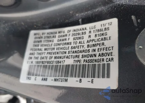 2012 Honda Civic Ex из США, поврежденный, VIN 19XFB2F80CE108417